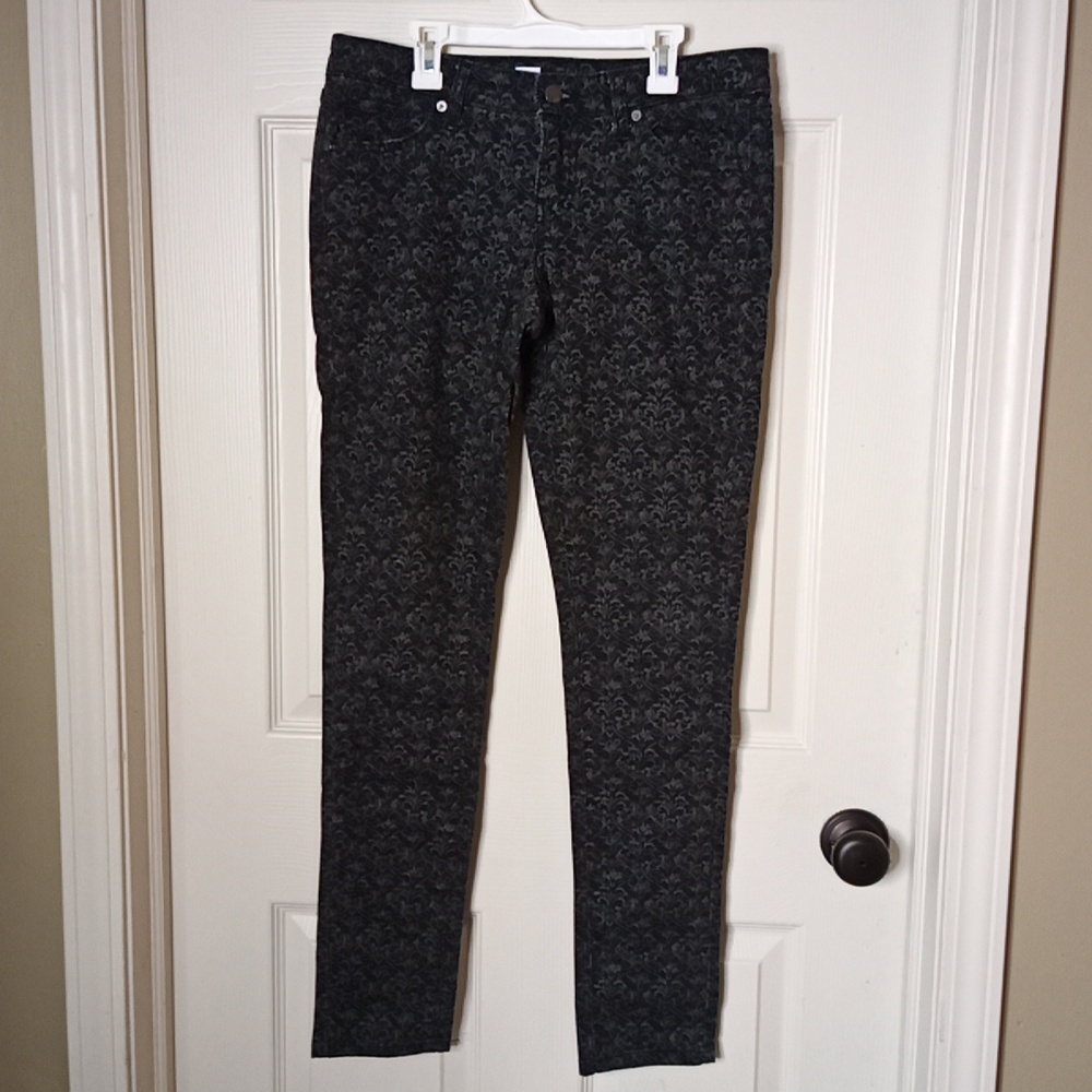 Mossimo Premium Black Denim Skinny Jeans w/Fleur De Lis Pattern Sz 6 Fit…